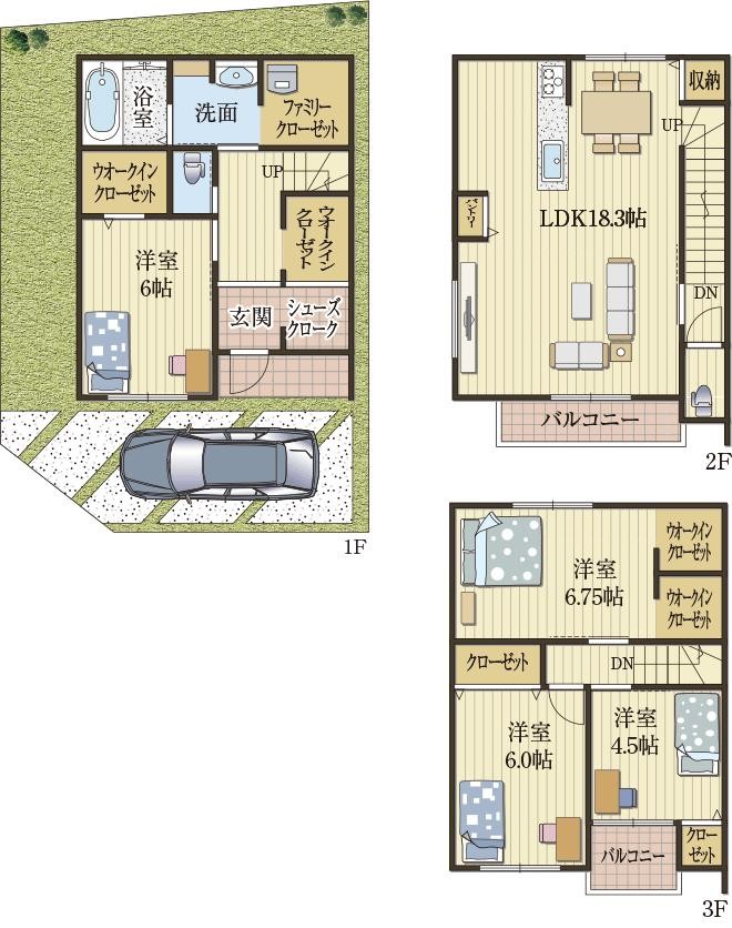 ウォークインの収納が多数ある家